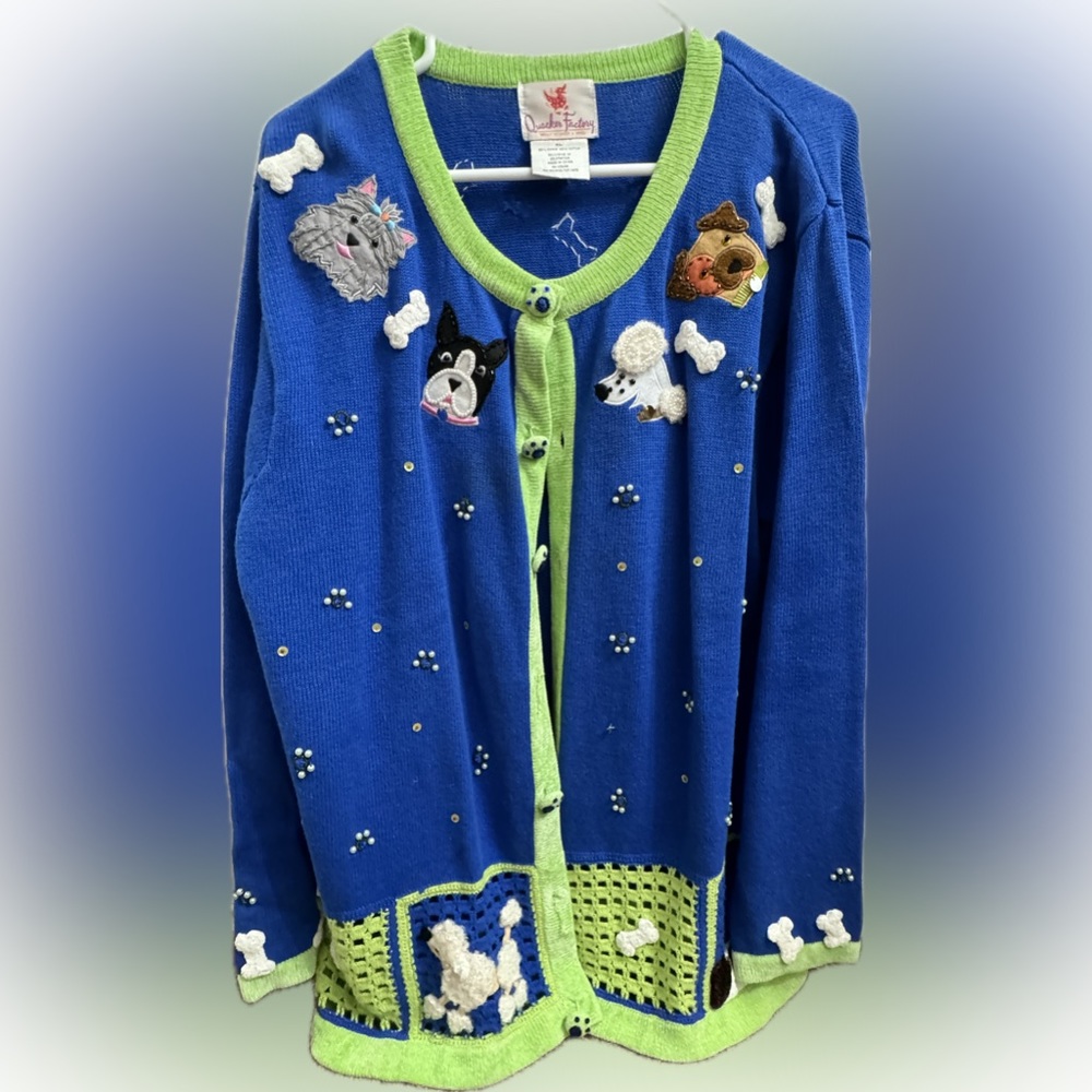 Blue and green cardigan with dog details